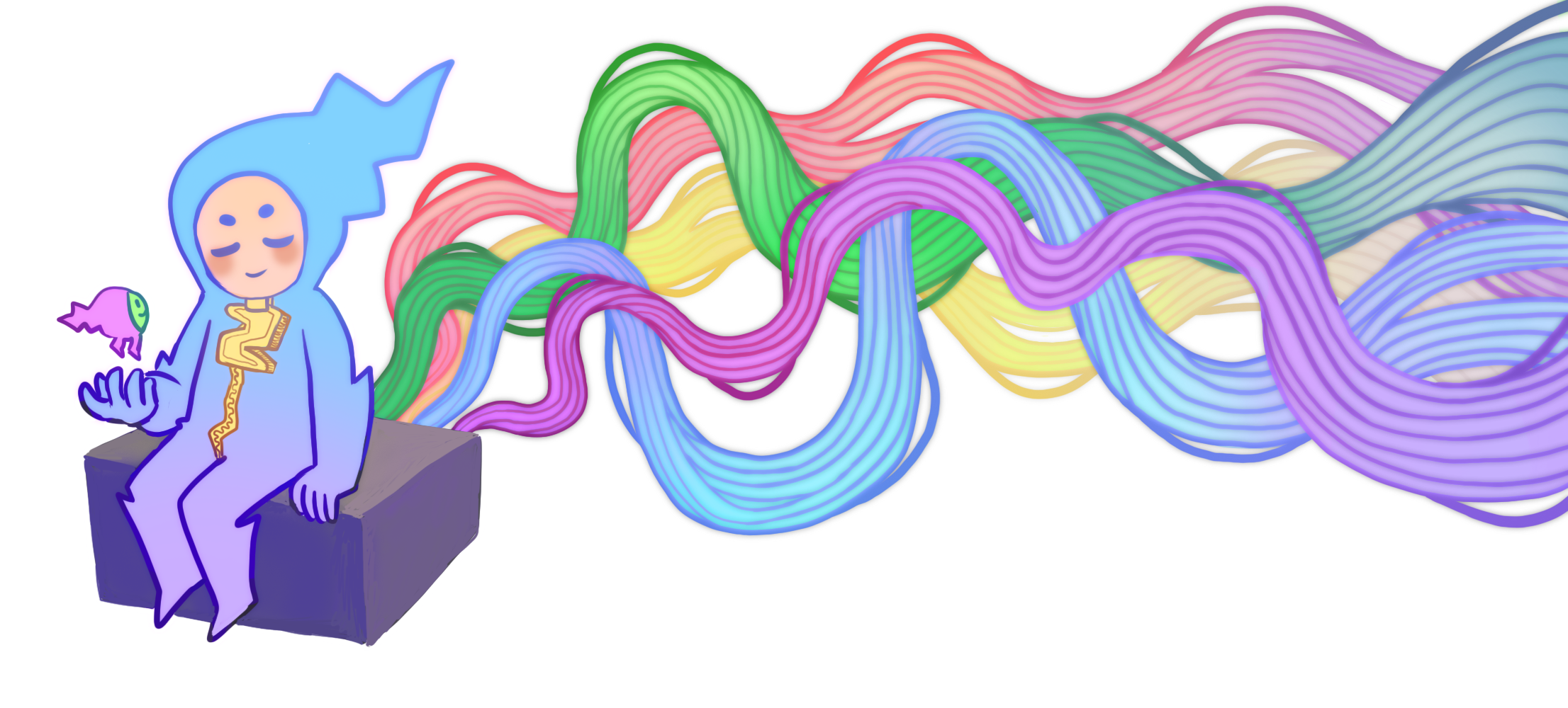 Polished illustration of Zapalzo, the internet cryptid, sitting on a box with rainbow wires flowing out of the screen